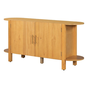 English Elm U_style Pine Wood Fluted Sideboard with Curved Shelves Mid Century Modern Dining Cabinet N711P440153O