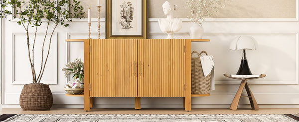 English Elm U_style Pine Wood Fluted Sideboard with Curved Shelves Mid Century Modern Dining Cabinet N711P440153O