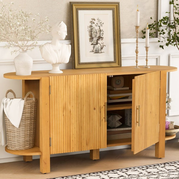 English Elm U_style Pine Wood Fluted Sideboard with Curved Shelves Mid Century Modern Dining Cabinet N711P440153O