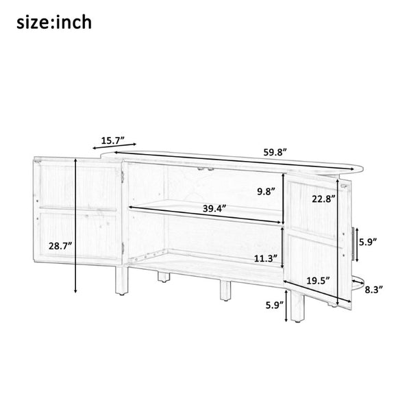 English Elm U_style Pine Wood Fluted Sideboard with Curved Shelves Mid Century Modern Dining Cabinet N711P440153O