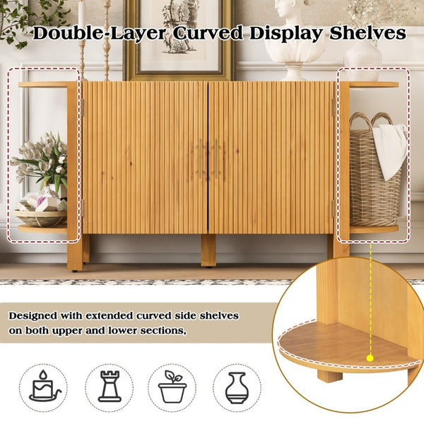 English Elm U_style Pine Wood Fluted Sideboard with Curved Shelves Mid Century Modern Dining Cabinet N711P440153O