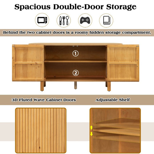 English Elm U_style Pine Wood Fluted Sideboard with Curved Shelves Mid Century Modern Dining Cabinet N711P440153O