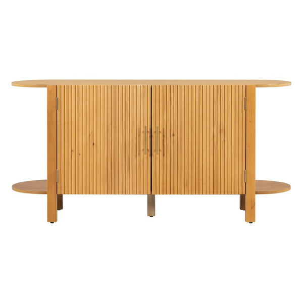 English Elm U_style Pine Wood Fluted Sideboard with Curved Shelves Mid Century Modern Dining Cabinet N711P440153O