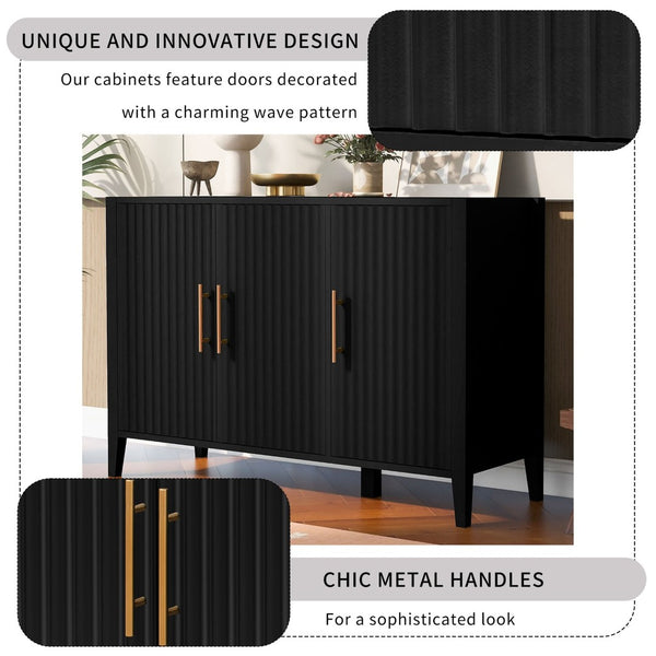 English Elm U-style Sculptural Wavy Door Sideboard with Pine Legs Painted Cabinet for Entryway N711P452388B