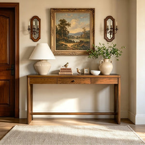 English Elm U_style Oak Veneer Console Table with Drawer Oval Leg Entryway Hallway Accent N711P456184D