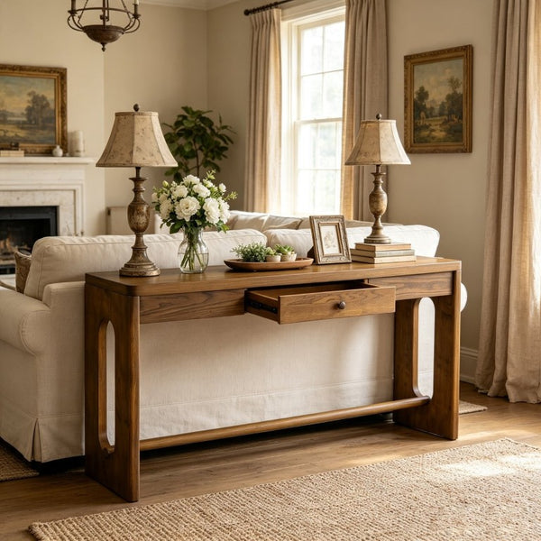 English Elm U_style Oak Veneer Console Table with Drawer Oval Leg Entryway Hallway Accent N711P456184D