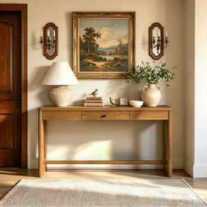 English Elm U_style Oak Veneer Console Table with Storage Drawer and Oval Cutout Legs for Entryway Natural N711P456184O