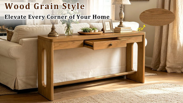 English Elm U_style Oak Veneer Console Table with Storage Drawer and Oval Cutout Legs for Entryway Natural N711P456184O