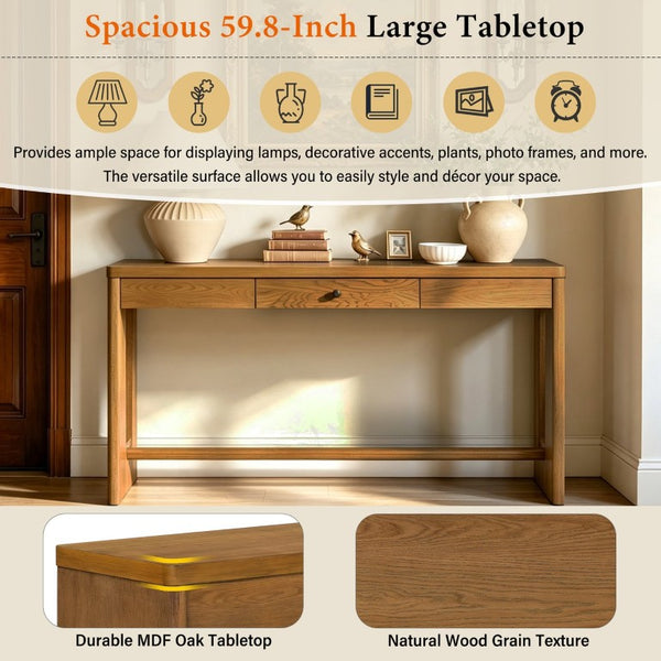 English Elm U_style Oak Veneer Console Table with Storage Drawer and Oval Cutout Legs for Entryway Natural N711P456184O