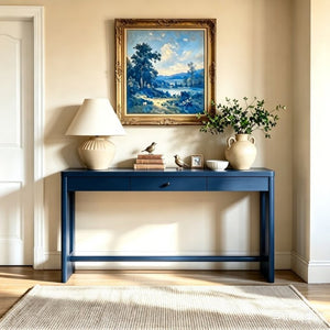 English Elm U_style Oak Veneer Console Table with Storage Drawer and Oval Cutout Legs for Entryway Navy Blue N711P456184V