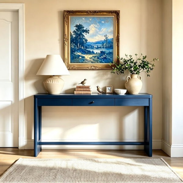 English Elm U_style Oak Veneer Console Table with Storage Drawer and Oval Cutout Legs for Entryway Navy Blue N711P456184V