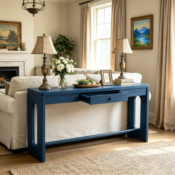 English Elm U_style Oak Veneer Console Table with Storage Drawer and Oval Cutout Legs for Entryway Navy Blue N711P456184V