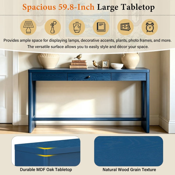 English Elm U_style Oak Veneer Console Table with Storage Drawer and Oval Cutout Legs for Entryway Navy Blue N711P456184V
