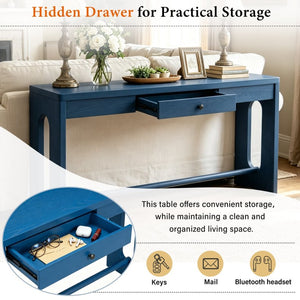 English Elm U_style Oak Veneer Console Table with Storage Drawer and Oval Cutout Legs for Entryway Navy Blue N711P456184V