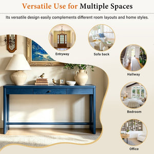 English Elm U_style Oak Veneer Console Table with Storage Drawer and Oval Cutout Legs for Entryway Navy Blue N711P456184V