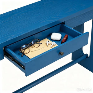 English Elm U_style Oak Veneer Console Table with Storage Drawer and Oval Cutout Legs for Entryway Navy Blue N711P456184V