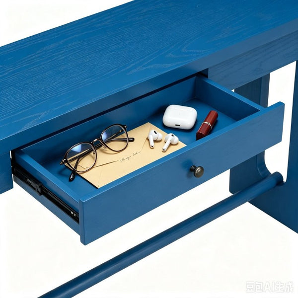 English Elm U_style Oak Veneer Console Table with Storage Drawer and Oval Cutout Legs for Entryway Navy Blue N711P456184V