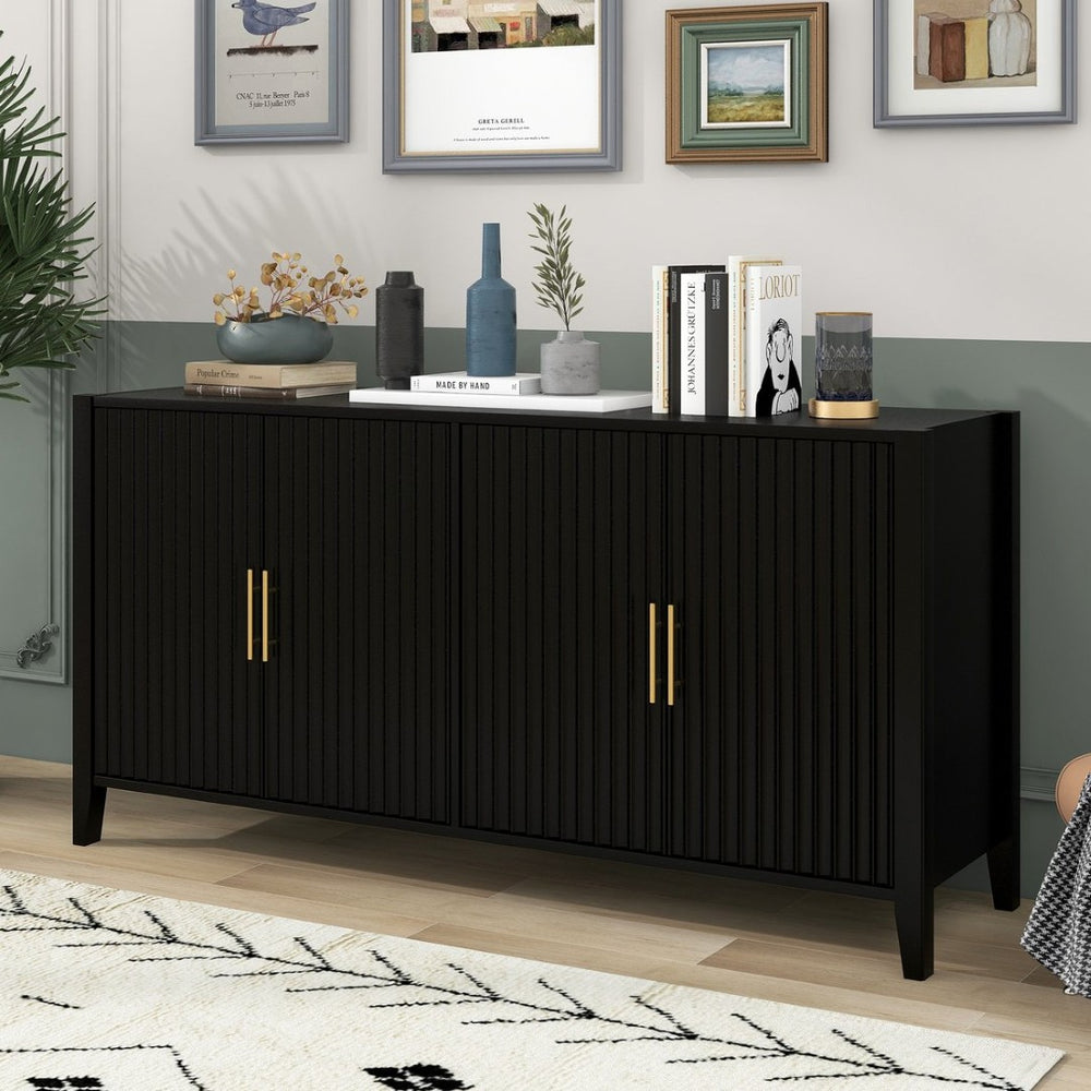 English Elm U_style Sculptural Wavy Slat Sideboard with Pine Legs and Gold Handles for Modern Spaces N711P456628B