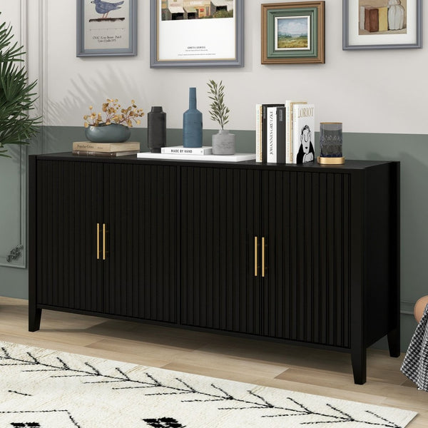 English Elm U_style Sculptural Wavy Slat Sideboard with Pine Legs and Gold Handles for Modern Spaces N711P456628B