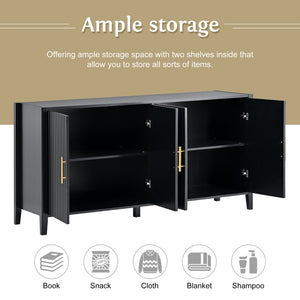 English Elm U_style Sculptural Wavy Slat Sideboard with Pine Legs and Gold Handles for Modern Spaces N711P456628B