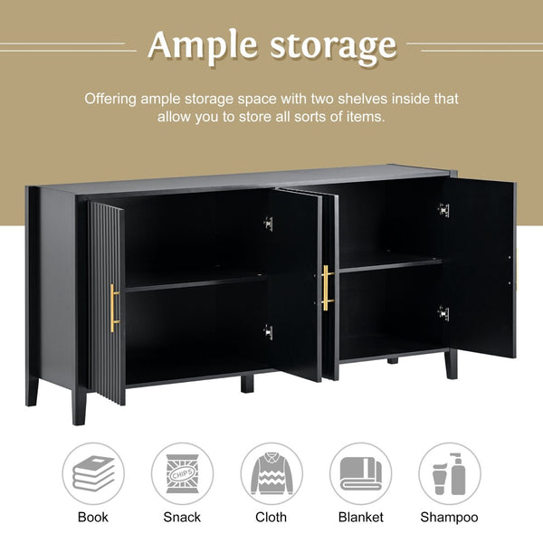 English Elm U_style Sculptural Wavy Slat Sideboard with Pine Legs and Gold Handles for Modern Spaces N711P456628B