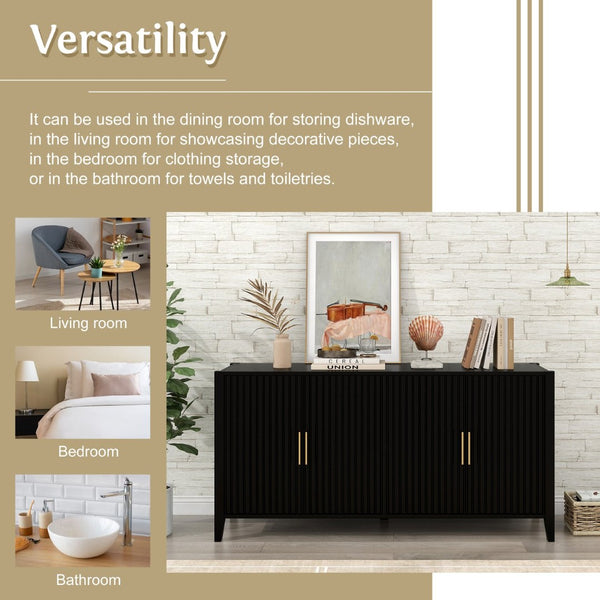 English Elm U_style Sculptural Wavy Slat Sideboard with Pine Legs and Gold Handles for Modern Spaces N711P456628B