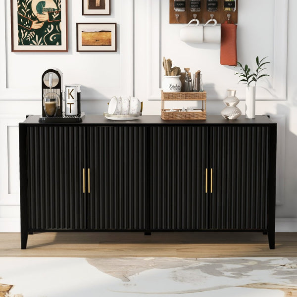 English Elm U_style Sculptural Wavy Slat Sideboard with Pine Legs and Gold Handles for Modern Spaces N711P456628B
