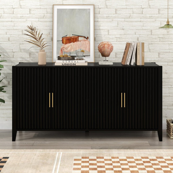 English Elm U_style Sculptural Wavy Slat Sideboard with Pine Legs and Gold Handles for Modern Spaces N711P456628B