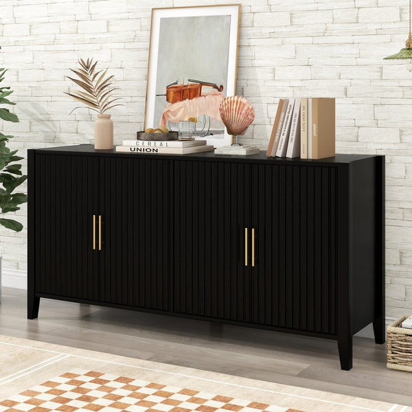 English Elm U_style Sculptural Wavy Slat Sideboard with Pine Legs and Gold Handles for Modern Spaces N711P456628B