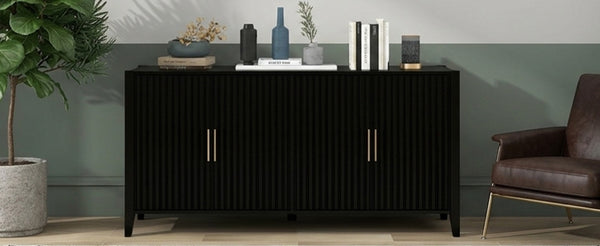 English Elm U_style Sculptural Wavy Slat Sideboard with Pine Legs and Gold Handles for Modern Spaces N711P456628B