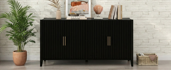 English Elm U_style Sculptural Wavy Slat Sideboard with Pine Legs and Gold Handles for Modern Spaces N711P456628B