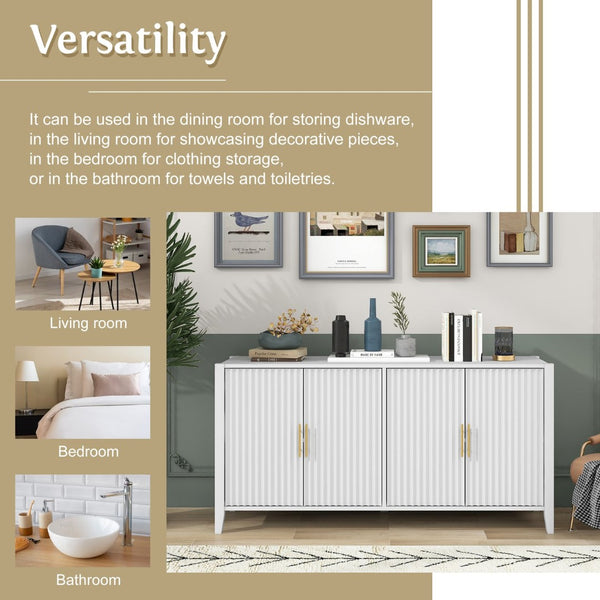 English Elm U_style Sculptural Wavy Slat Sideboard with Pine Legs and Gold Handles for Modern Dining N711P456628K