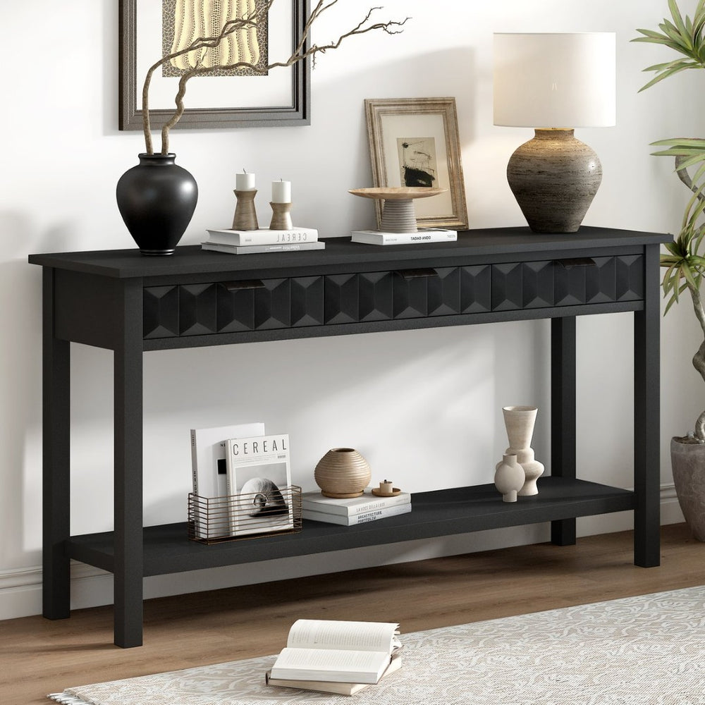 English Elm U_style Fir Veneer Console Table Honeycomb Drawer Fronts Iron Handles Entryway Storage Black N711P475187B