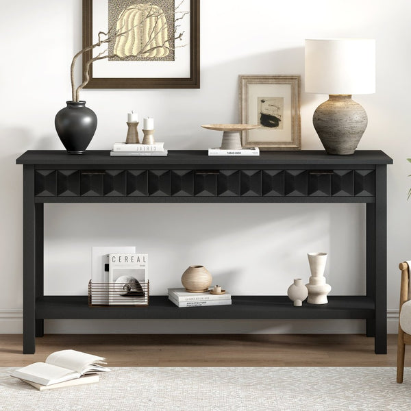 English Elm U_style Fir Veneer Console Table Honeycomb Drawer Fronts Iron Handles Entryway Storage Black N711P475187B