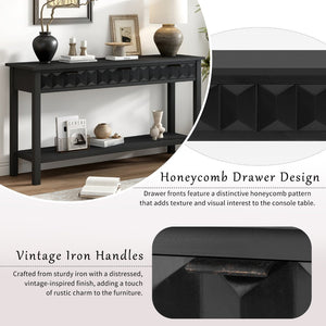 English Elm U_style Fir Veneer Console Table Honeycomb Drawer Fronts Iron Handles Entryway Storage Black N711P475187B