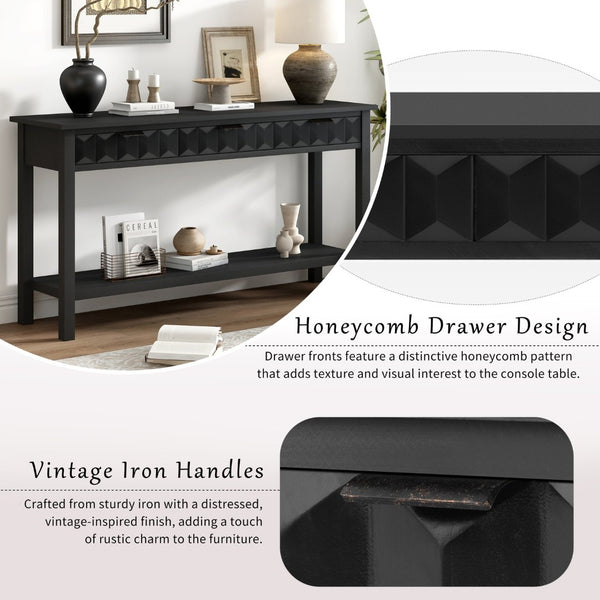 English Elm U_style Fir Veneer Console Table Honeycomb Drawer Fronts Iron Handles Entryway Storage Black N711P475187B