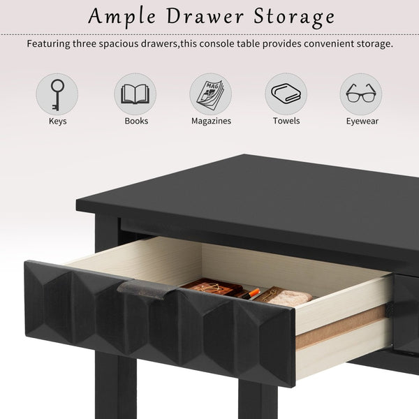 English Elm U_style Fir Veneer Console Table Honeycomb Drawer Fronts Iron Handles Entryway Storage Black N711P475187B