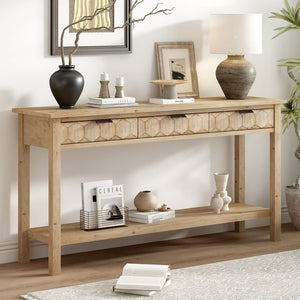 English Elm U_style Fir Veneer Console Table Honeycomb Drawer Fronts Iron Handles Entryway Storage Natural N711P475187O