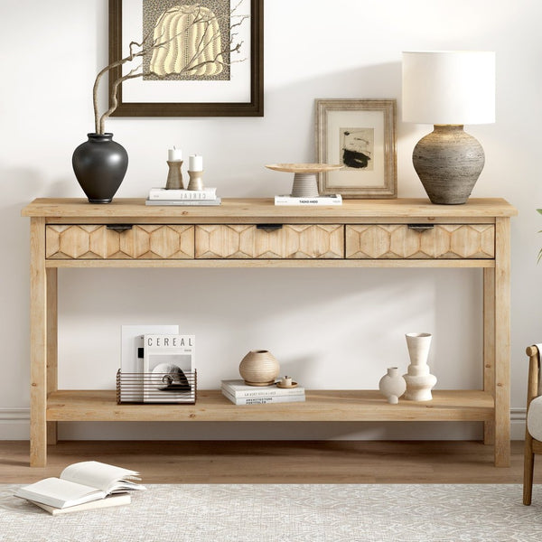 English Elm U_style Fir Veneer Console Table Honeycomb Drawer Fronts Iron Handles Entryway Storage Natural N711P475187O