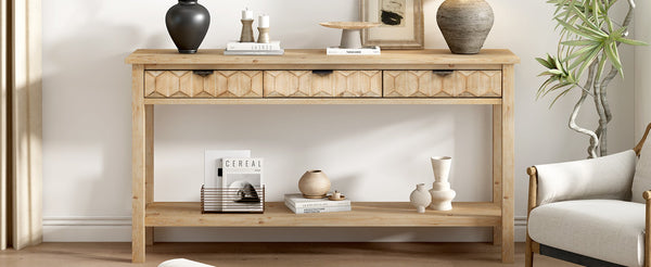 English Elm U_style Fir Veneer Console Table Honeycomb Drawer Fronts Iron Handles Entryway Storage Natural N711P475187O