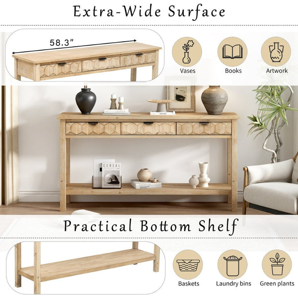 English Elm U_style Fir Veneer Console Table Honeycomb Drawer Fronts Iron Handles Entryway Storage Natural N711P475187O