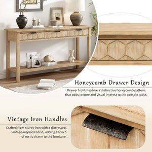 English Elm U_style Fir Veneer Console Table Honeycomb Drawer Fronts Iron Handles Entryway Storage Natural N711P475187O