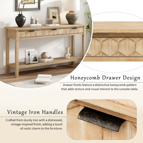 English Elm U_style Fir Veneer Console Table Honeycomb Drawer Fronts Iron Handles Entryway Storage Natural N711P475187O