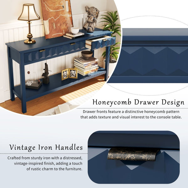 English Elm U_style Fir Veneer Console Table Honeycomb Drawer Fronts Iron Handles Entryway Storage N711P475187V