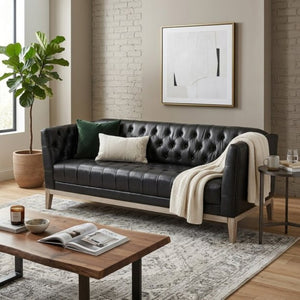 English Elm U-Style Chesterfield Sofa Button Tufted PU Leather Pine Frame Mid-Century 3 Seat Black N711P520275B