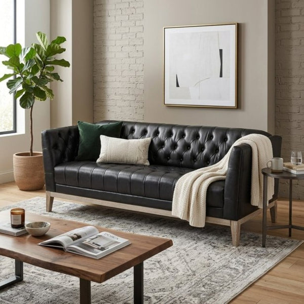English Elm U-Style Chesterfield Sofa Button Tufted PU Leather Pine Frame Mid-Century 3 Seat Black N711P520275B