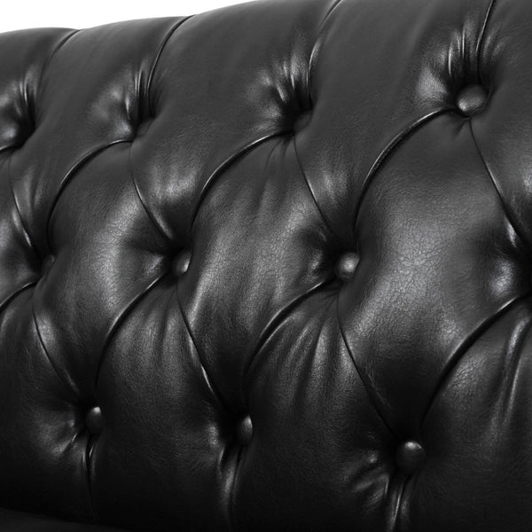 English Elm U-Style Chesterfield Sofa Button Tufted PU Leather Pine Frame Mid-Century 3 Seat Black N711P520275B