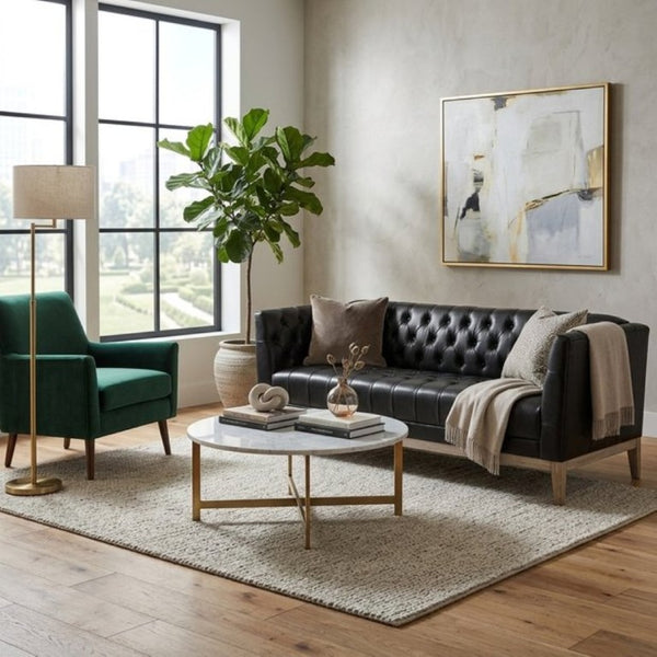 English Elm U-Style Chesterfield Sofa Button Tufted PU Leather Pine Frame Mid-Century 3 Seat Black N711P520275B