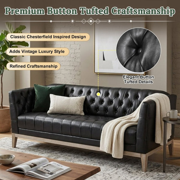 English Elm U-Style Chesterfield Sofa Button Tufted PU Leather Pine Frame Mid-Century 3 Seat Black N711P520275B