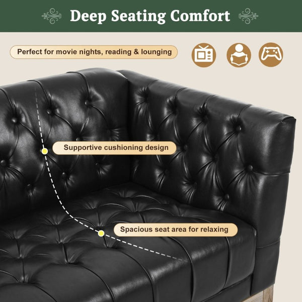 English Elm U-Style Chesterfield Sofa Button Tufted PU Leather Pine Frame Mid-Century 3 Seat Black N711P520275B